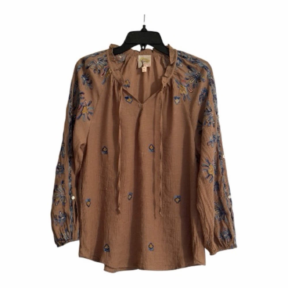 Fig and Flower Tan Blouse with Blue Embroidery